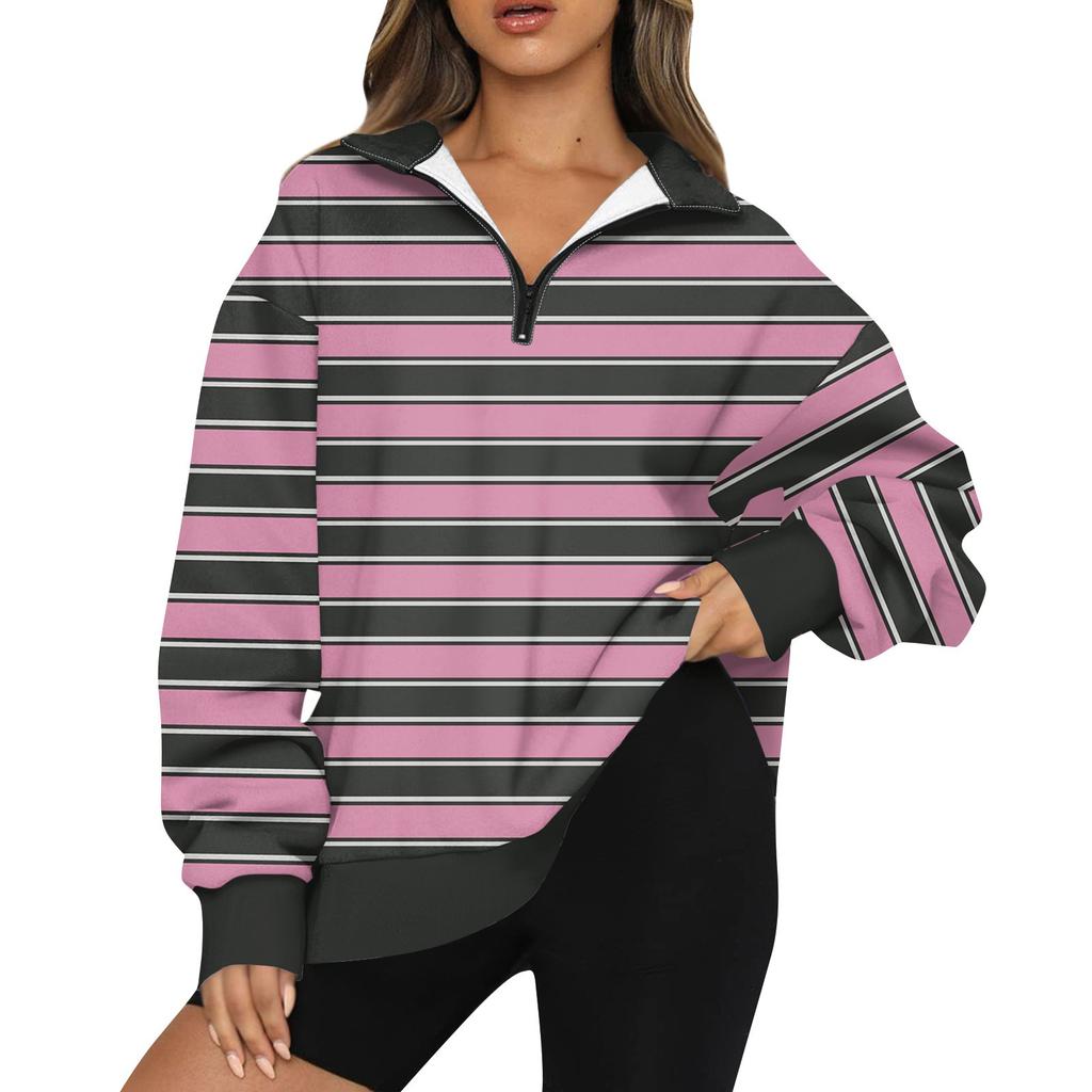 Women's Fashion Lapel Striped Printed  Long Sleeve Zip Sweatshirt Top