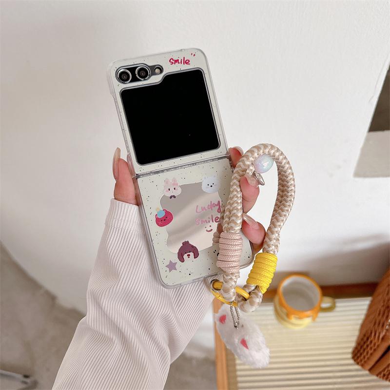 Чехол для Samsung Galaxy Z Flip 3 4 5 6 Flip6 ZFlip 6 ZFlip6 Милый бант кошка ручной шнурок зеркало противоударная жесткая крышка