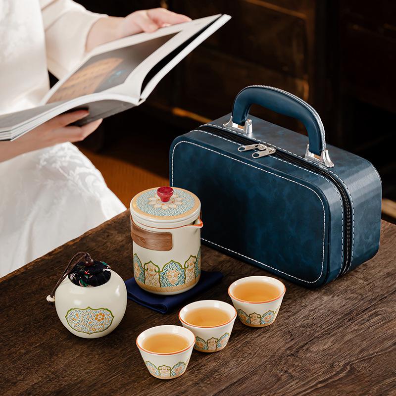 Blue leather bag, Guyun Ru kiln travel tea set, portable ceramic express cup, outdoor tea set, teapot gift.