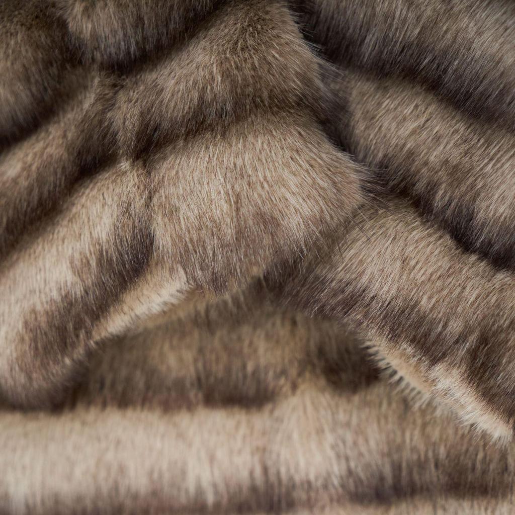 Women's Long Striped Faux Fur Coat with Turn-Down Collar - Mink Chinchilla Style Outerwear