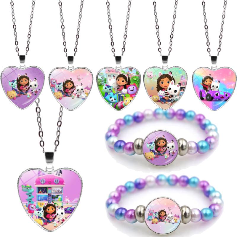 1/2Pcs Cute Gabby Dollhouse Beaded Bracelet Heart Shape Necklace Anime Figure Bracelets Choker Birthday Fans Gift Party Favor