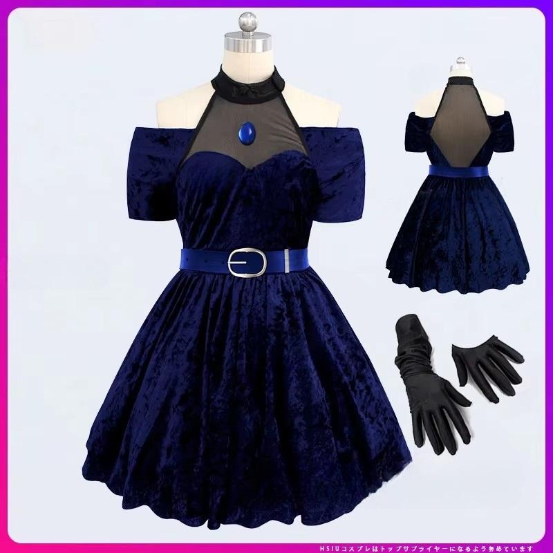 Mizi Костюм для косплея Парик Маскарадный костюм Хэллоуин Вечеринка Ролевая игра Сценическая одежда Синий бархатный наряд Аниме Косплей Предпродажа