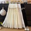2025 Summer Women White Skirts Lace Vintage Elastic Pleated Elegant Long Skirts New High Waist