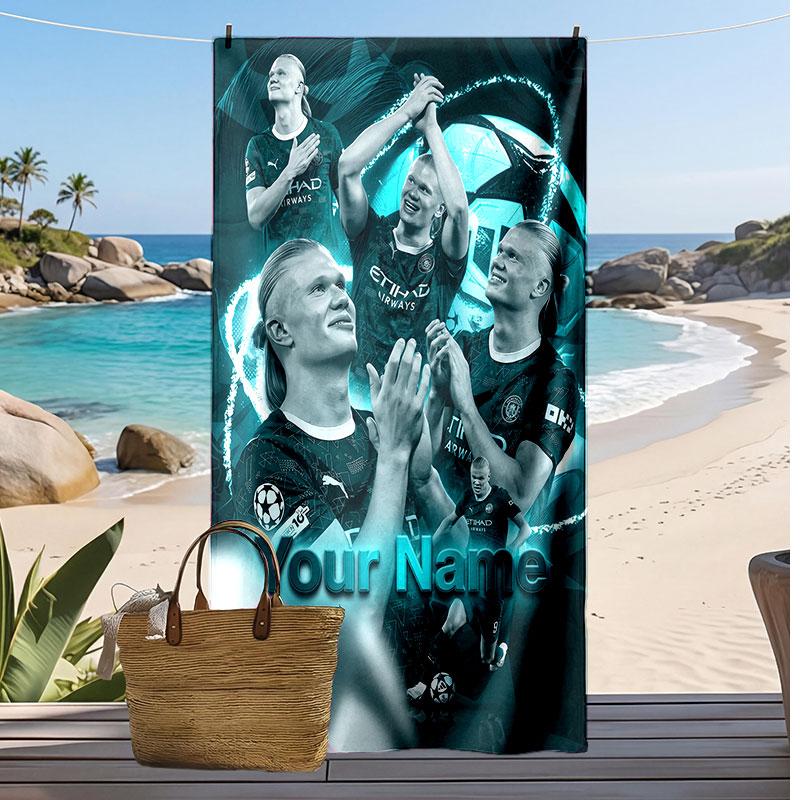 Erling Haaland Personalized Printed Beach Towel Soccer Logo Support Custom Name Text Absorbent Towel For Sport Travel Special Gift
