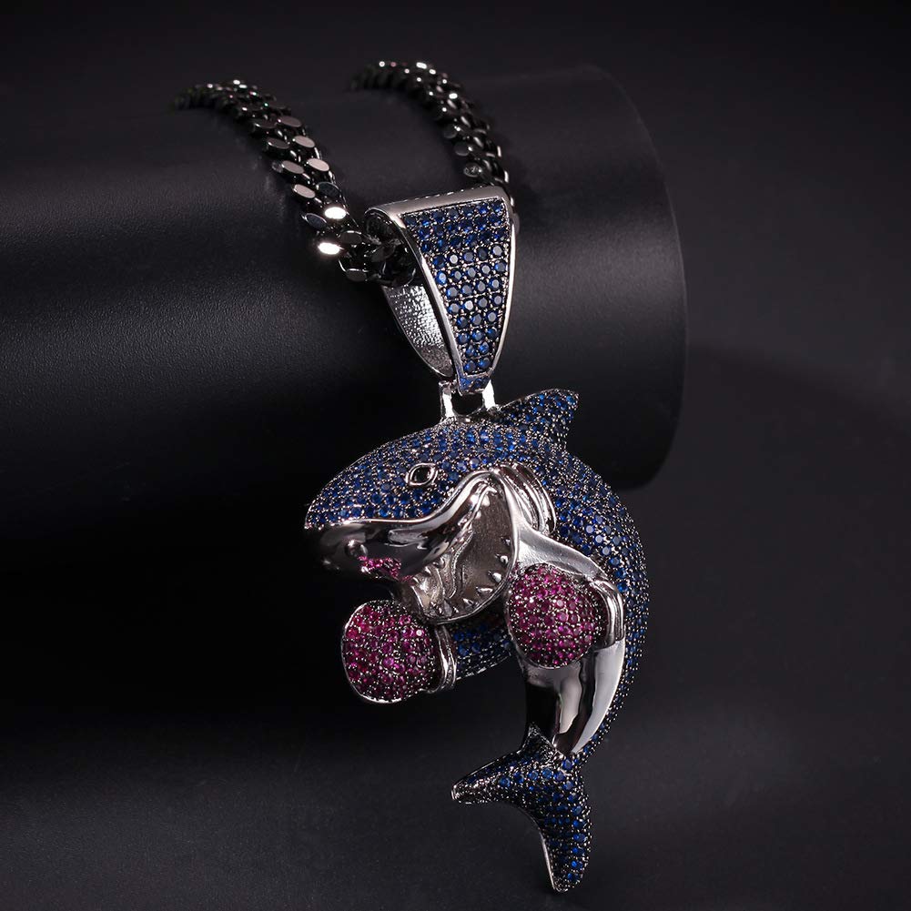 Цирконий CZ бриллиант блестящий посеребренный фиолетовый рыбный кулон в виде акулы уникальное ожерелье с боксерским крючком толстая хип-хоп рэпперская бижутерия цепь Kihei 24 дюйма унисекс