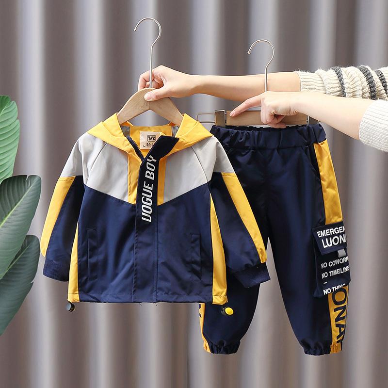 Chłopięcy Zestaw Sportowy Wiosna/Jesień: Bluza z kapturem Color Block + Spodnie Casualowy Zestaw Dwuczęściowy
