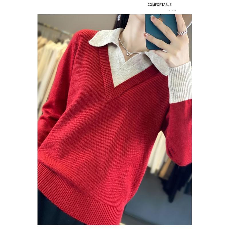 Women's Fall/Winter Maillard with a Wool-blend Fake Two-piece Shirt Collar Knit Rollover Pullover Sweater