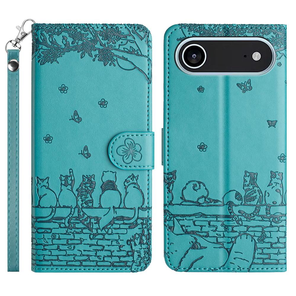 For iPhone 17 Air Case with Wrist Strap Leather Phone Cover Wall Cats Pattern