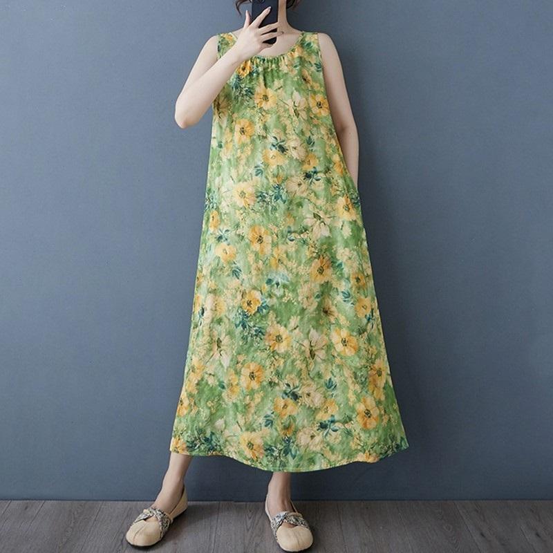 Sleeveless Plus Size Cotton Vintage Floral New In Dresses for Women Casual Loose Long Summer Dress