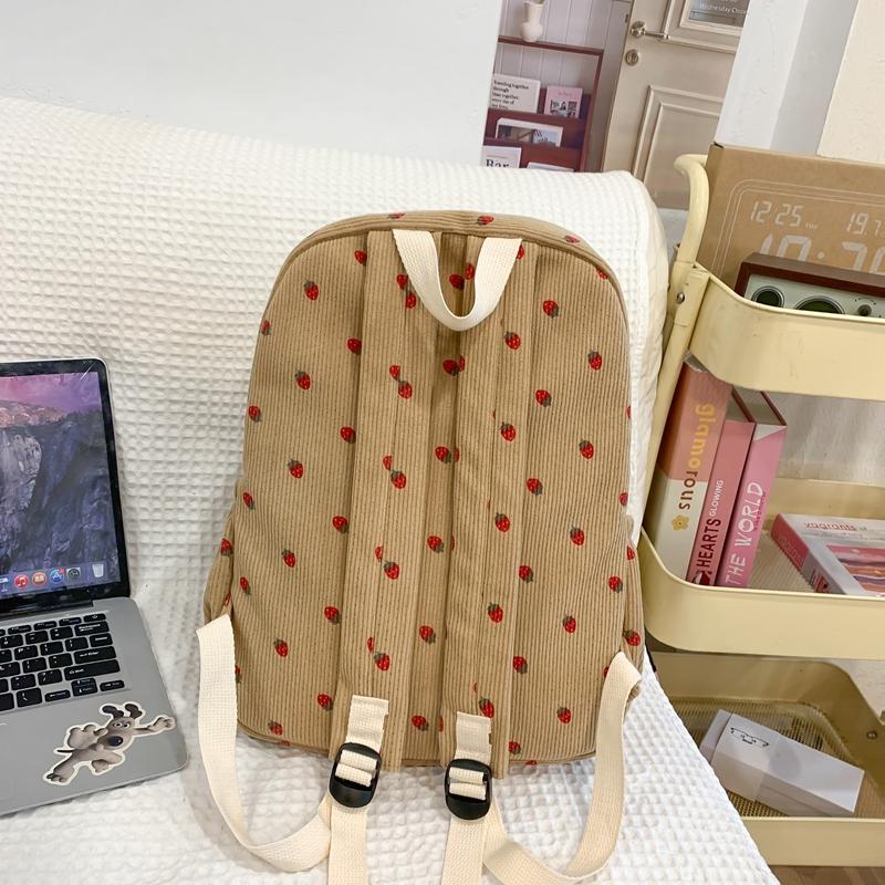 Вельветовый рюкзак с принтом клубники, школьная сумка в студенческом стиле, рюкзак большой вместимости