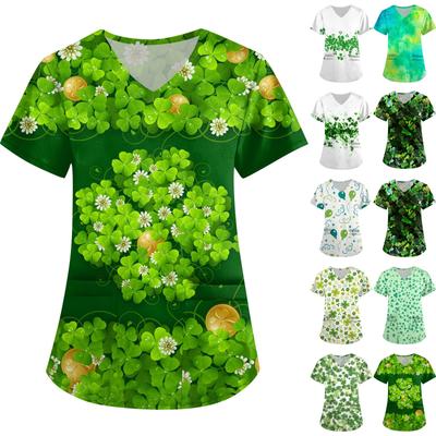 Женская симпатичная принтованная рабочая одежда с V-образным вырезом, двухслойными карманами, базовым коротким рукавом, пуловером