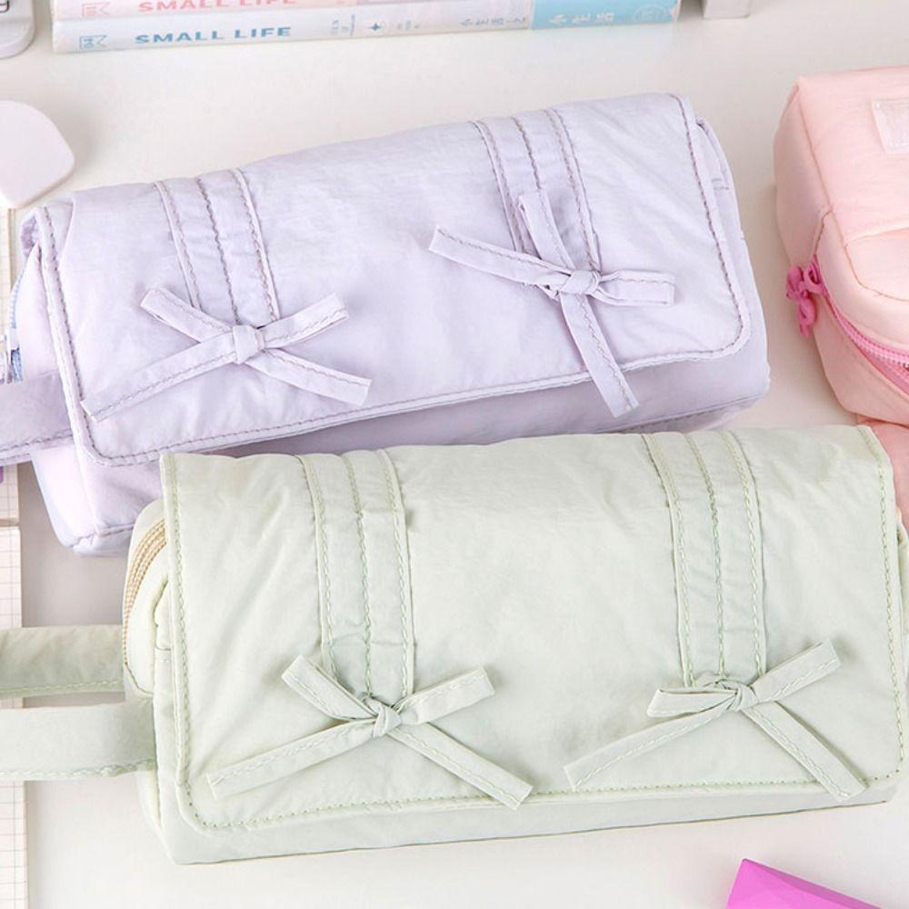 Bow Pencil Pouch Three Layers Stationery Storage Bag Save Space Pencil Case School
