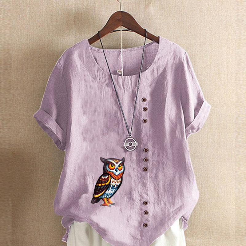 Women's Fashion Round Neck Short Sleeve T-shirt Casual Cotton Linen Graphic Shirt Leisure Loose Owl Print Prined Summer Blouse Tops