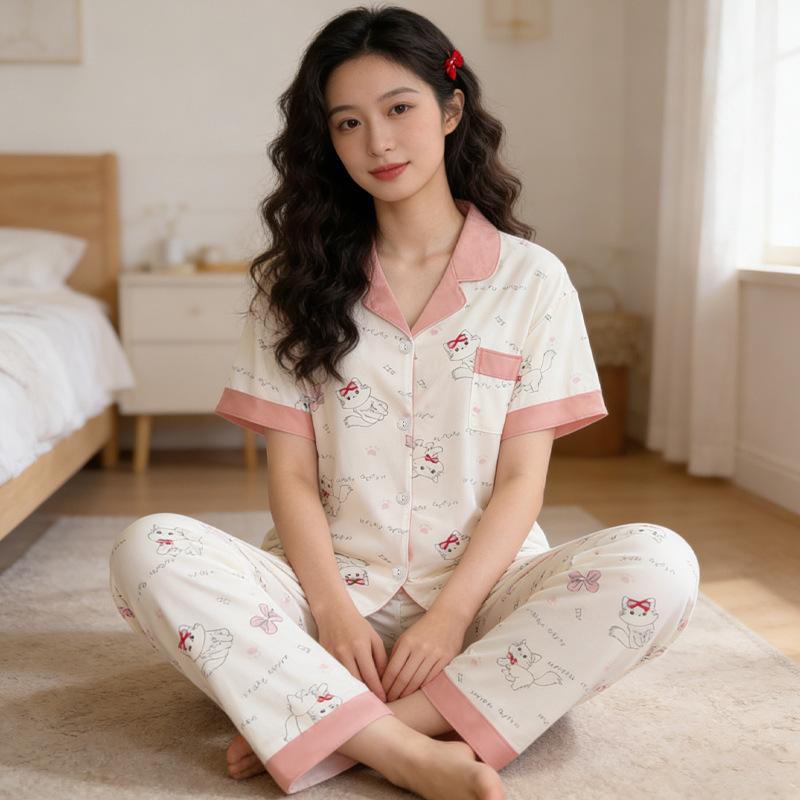Imitation cotton cardigan pajamas women's summer short-sleeved trousers pastoral cartoon little yellow duck loose and comfortable loungewear