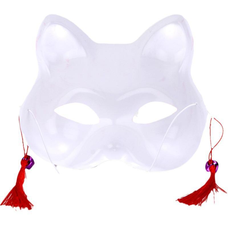 Маска лисы в японском стиле для косплея для детей - расписанная вручную белая половина кошачьего лица с нарядом в виде колокольчика.