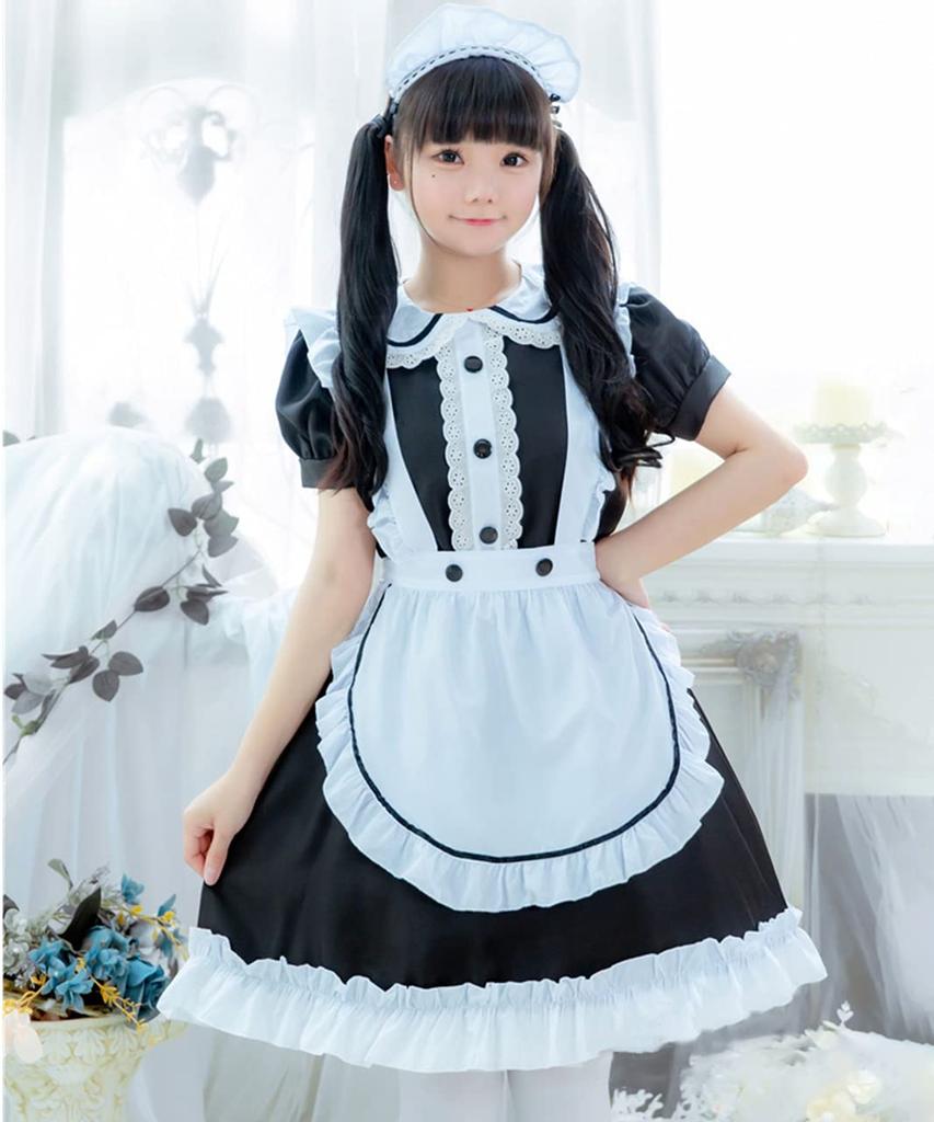 [Milky Time] Maid Costume, Maid Cafe Cosplay, Monochrome Dress, Puff Sleeves (M)