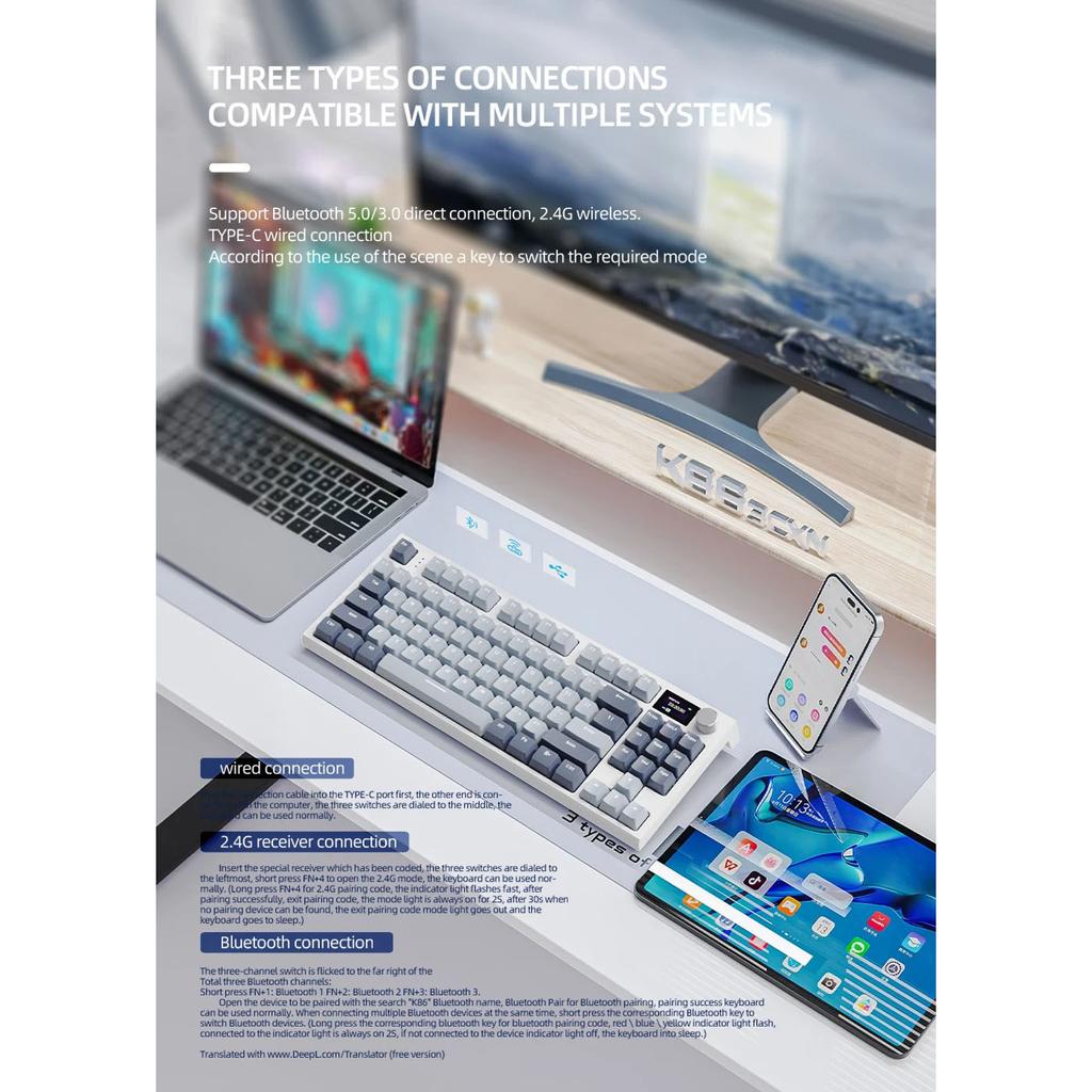 K86 Беспроводная механическая клавиатура с возможностью горячей замены Bluetooth/2,4g с экраном дисплея и поворотной кнопкой громкости для игр и работы