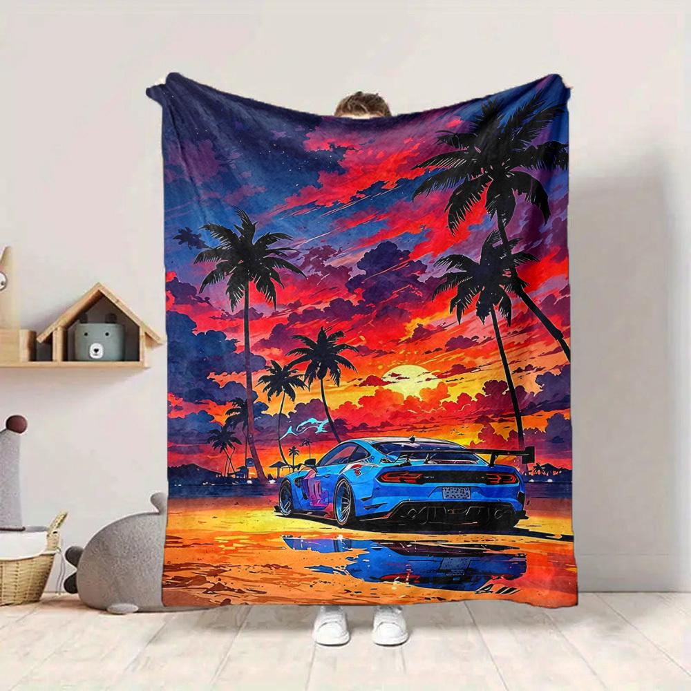 1PC Palm Tree Car Blanket Soft Warm All Season Throw for Sofa, Bed, Car, Office Vibrant Colorful Design, Durable & Cozy Gift