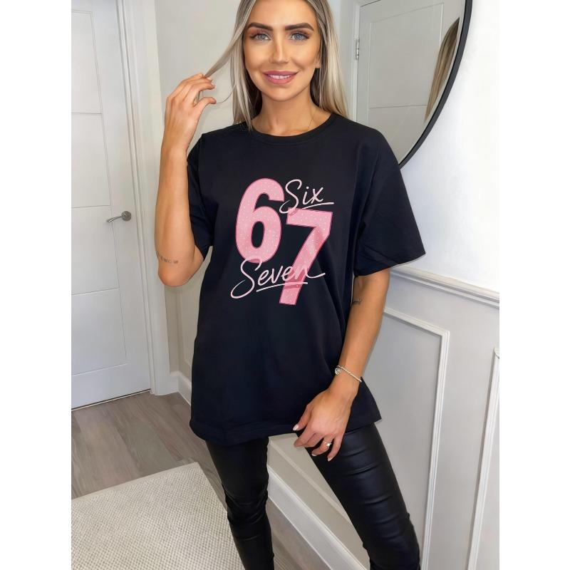 Oversized T-Shirt Black Six Seven Pink Glitter Number Print Casual Wear For Women Street Style Fashion Top Summer Outfit