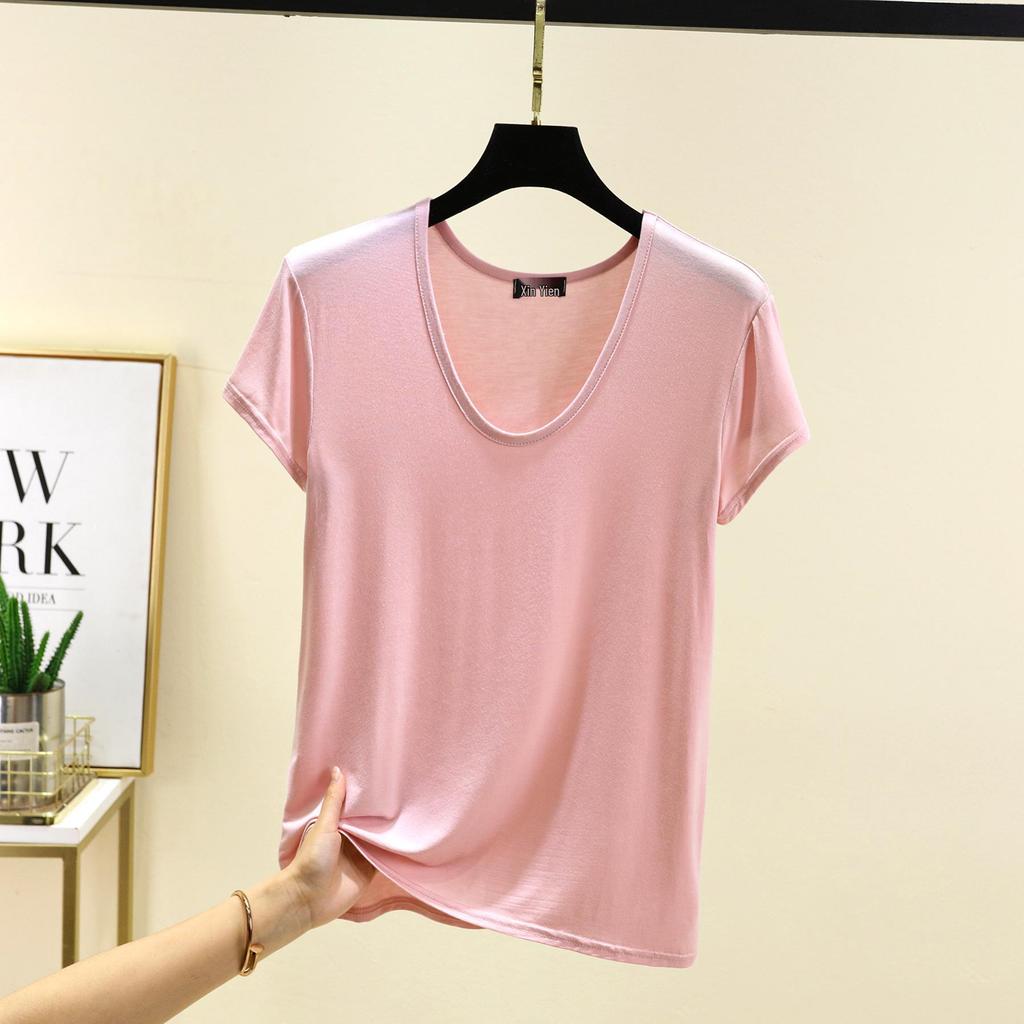 Женская летняя футболка из модала с коротким рукавом и овальным вырезом - Однотонная, Повседневная, Свободная, Приталенная, Универсальный топ