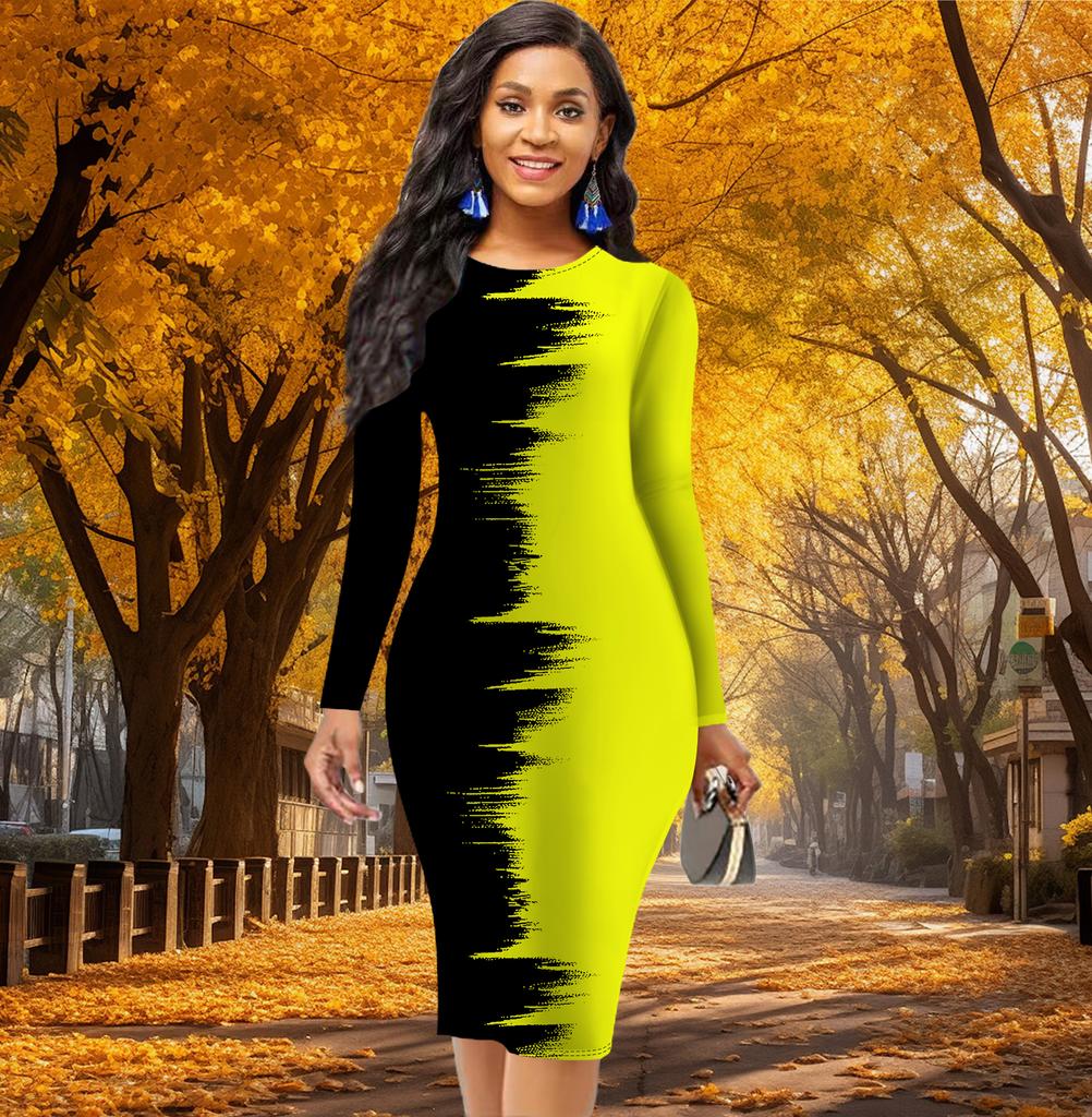 Длинный рукав, облегающее, офисное, облегающее, двухцветное, с принтом, элегантное, облегающее платье