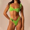 2Pcs/Set Women Bikini Set 3D Floral Decor Pleated Wire Padded Bra High Waist Briefs Set Solid Color Beachwear
