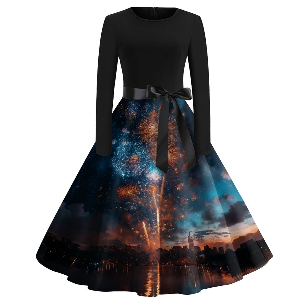Женское повседневное модное платье с круглым вырезом и длинным рукавом с новогодним принтом в ретро-стиле