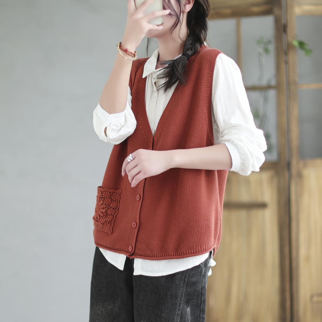 Женская винтажная вышивка V-образный вырез весна осень однобортная женская одежда повседневный вязаный свитер жилет