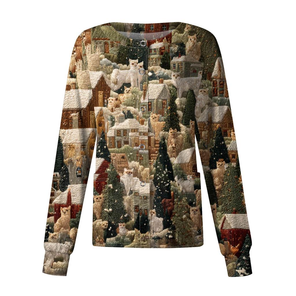 Женский повседневный кардиган на одной пуговице с длинным рукавом и принтом на рождественскую тематику