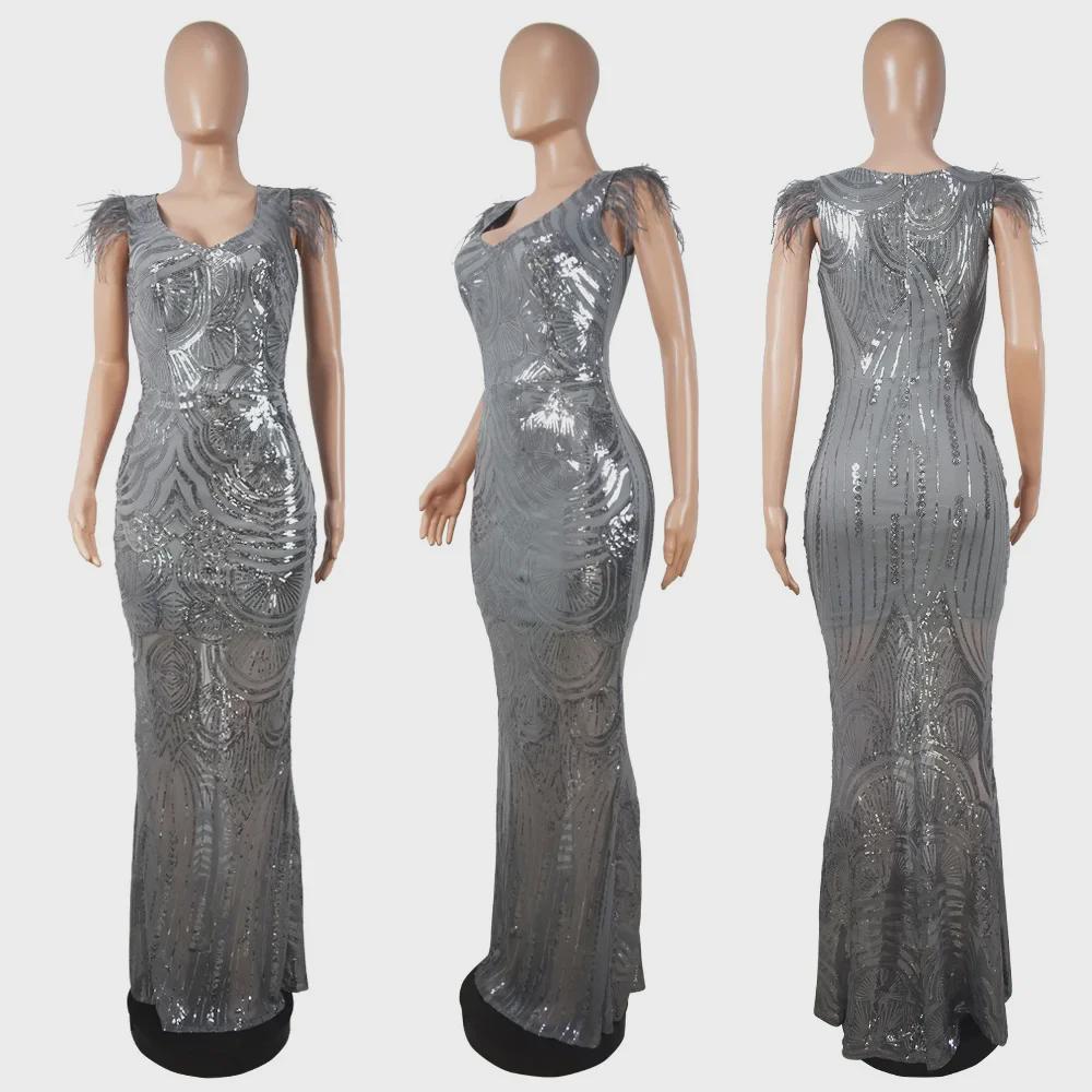 Европейская и американская мода вечернее платье с пайетками и перьями на плечах и бедрах