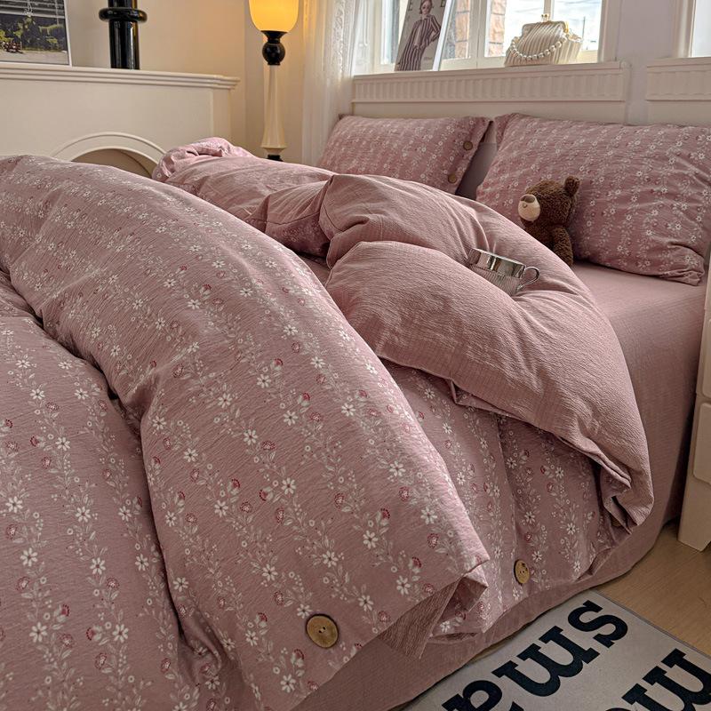 Комплект постельного белья из чистого хлопка с винтажным цветочным принтом, 4 предмета, на пуговицах, простыня из 100% хлопка, простыня на резинке, пододеяльник, постельное белье класса А