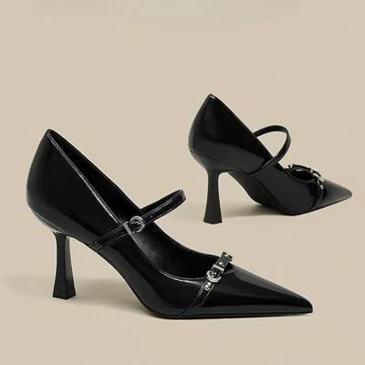 Модная женская обувь 2025 Модные туфли-лодочки на высоком каблуке с ремешком и пряжкой Новая металлическая отделка Офис и карьера Сексуальные туфли-лодочки с острым носком Женские