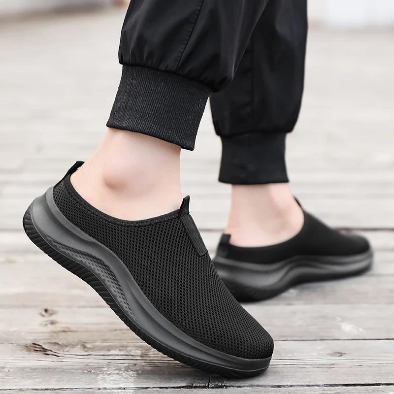 Fashion Mens Half Slippers Summer Breathable Mesh Mens Shoes Outdoor Casual Walking Shoes Large Flat Light Mesh Slippers Sandals