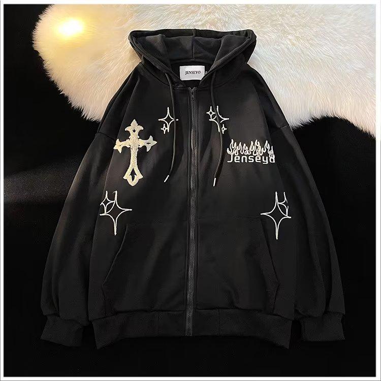 Мужской кардиган-толстовка на молнии с капюшоном, вышивкой креста и пламени, с флисовой подкладкой, модный свободный крой для пар, идеально подходит для весны и осени.