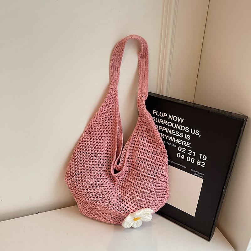 Summer seaside vacation beach woven shoulder bag women's 2025 new large-capacity flower cotton thread hollow tote bag