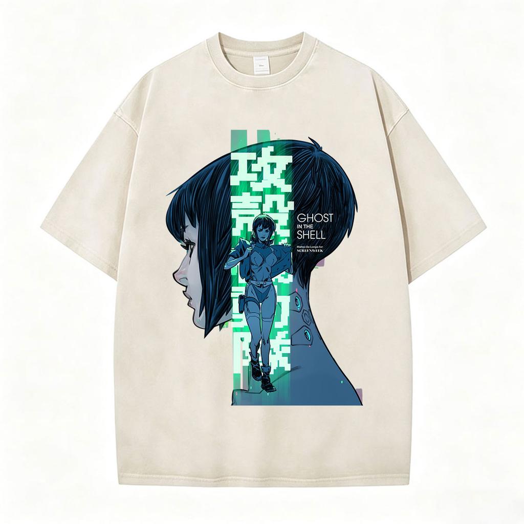 Винтажные стираные аниме-футболки Ghost in The Shell Мотоко Кусанаги для мужчин и женщин, модная одежда, панк, оверсайз, с коротким рукавом