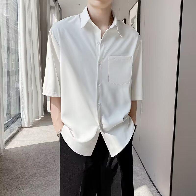 Ice Silk Short Sleeved Shirt For Men In Summer, Loose Plus Size Five Inch Sleeve Shirt, No Ironing And Wrinkle Resistance