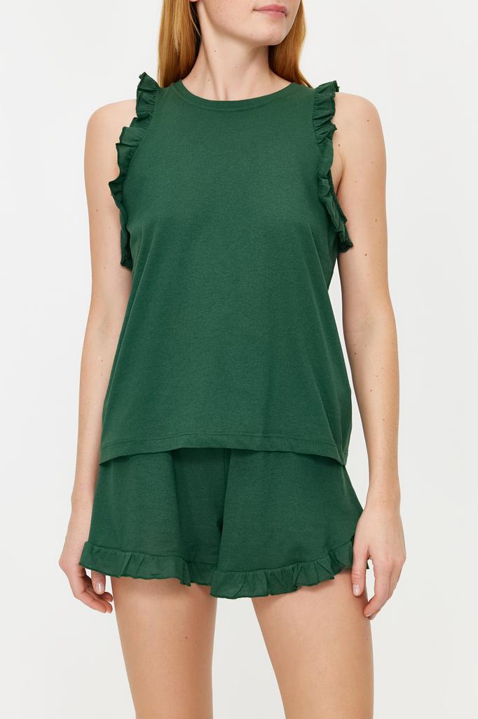 Women's Fashion New Pajama Set Emerald Green 100% Cotton Ruffle Detailed Tank Top-Shorts Knitted Pajama Set
