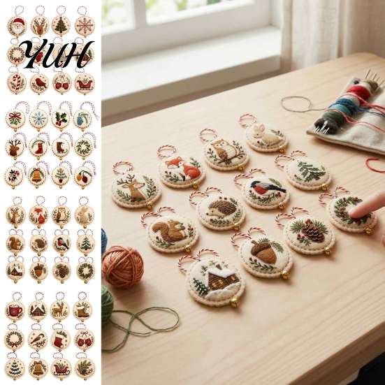 Handmade Christmas Tree Decorations DIY Embroidery Ornament Kit, Hand Sewing Yarn Craft Parent Child Creative Activities Felt Hanging Set for