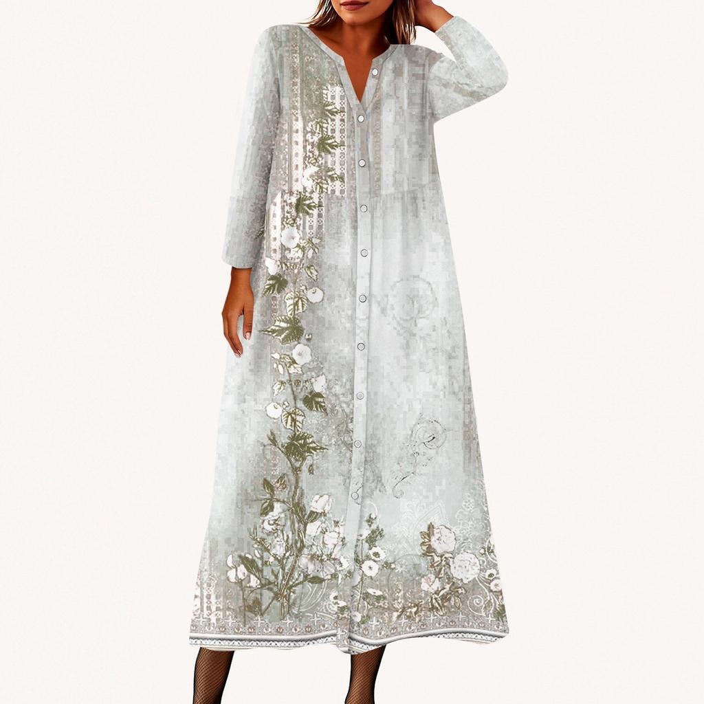 Women's Fashionable Printed Round Neck Seven Quarter Sleeve Button Loose Shirt Dress