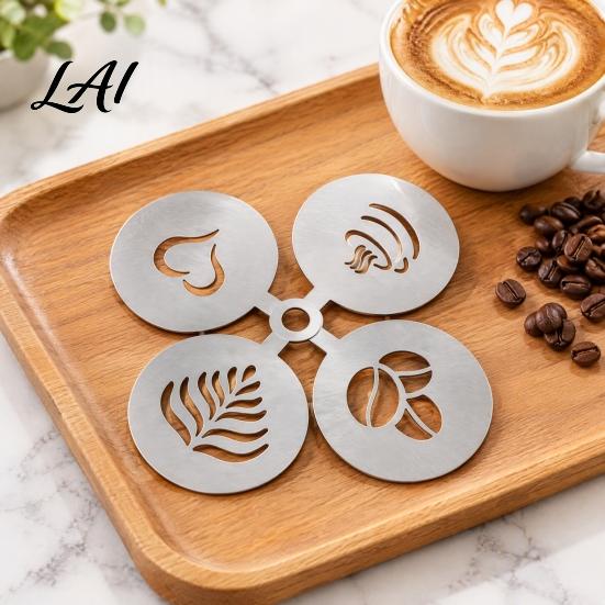 Reusable Coffee Stencil Set 4Pcs Stainless Steel 430 Latte Art Set Powder Cappuccino Foam Decoration Tools Sifter Mold DIY Pattern Templates
