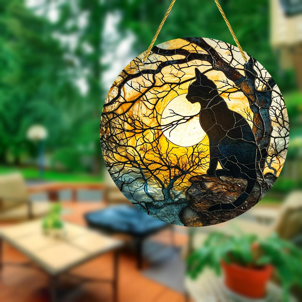 1pc Black Cat Sunset Front Art Stained Window Hanging, Suncatcher Acrylic Wreath Sign Garden Outdoor Decorative Artwork
