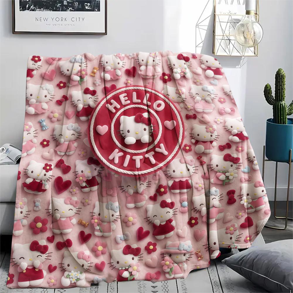 1 шт. Фланелевое одеяло с милым принтом Hello Kitty, Высокое качество, Для всех сезонов, Декор для дома, Тепло и уют, Идеально для рождественских подарков