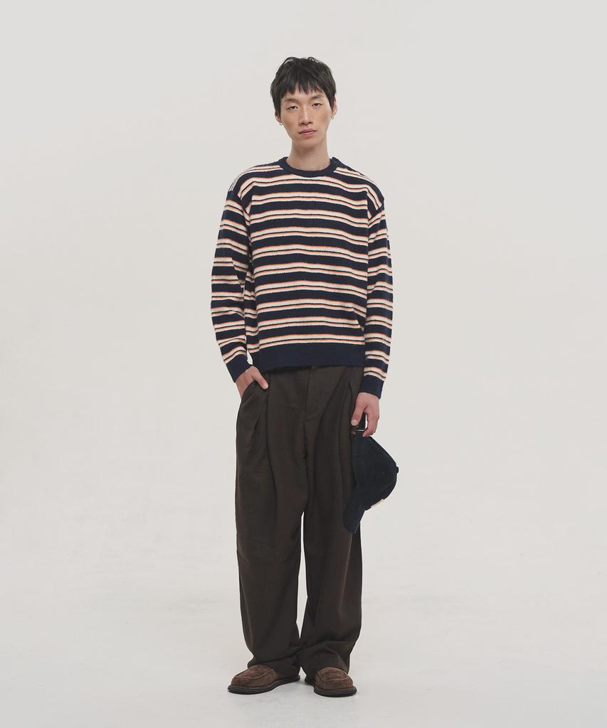 NOISE Striped Shoulder Open Henley Neck Knit - Navy