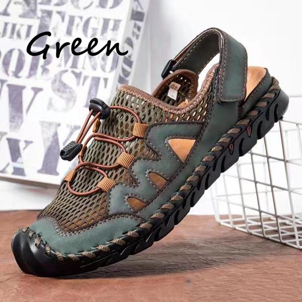 Breathable Mesh Sandals for Men Summer Casual Beach Sandals Genuine Cowhide Flats Sandals Wading Sandals Plus Size 38-48
