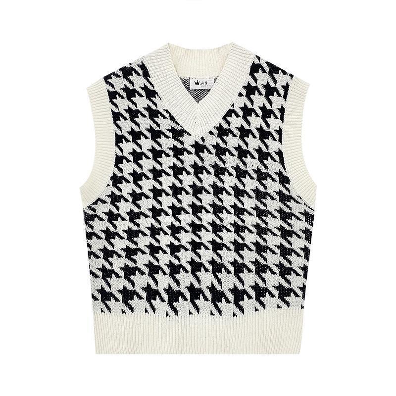 Hirsionsan V Neck Houndstooth Knitted Vest Women 2021 New Korean Cashmere Loose Sleeveless Sweater Female Loose Autumn Pullovers