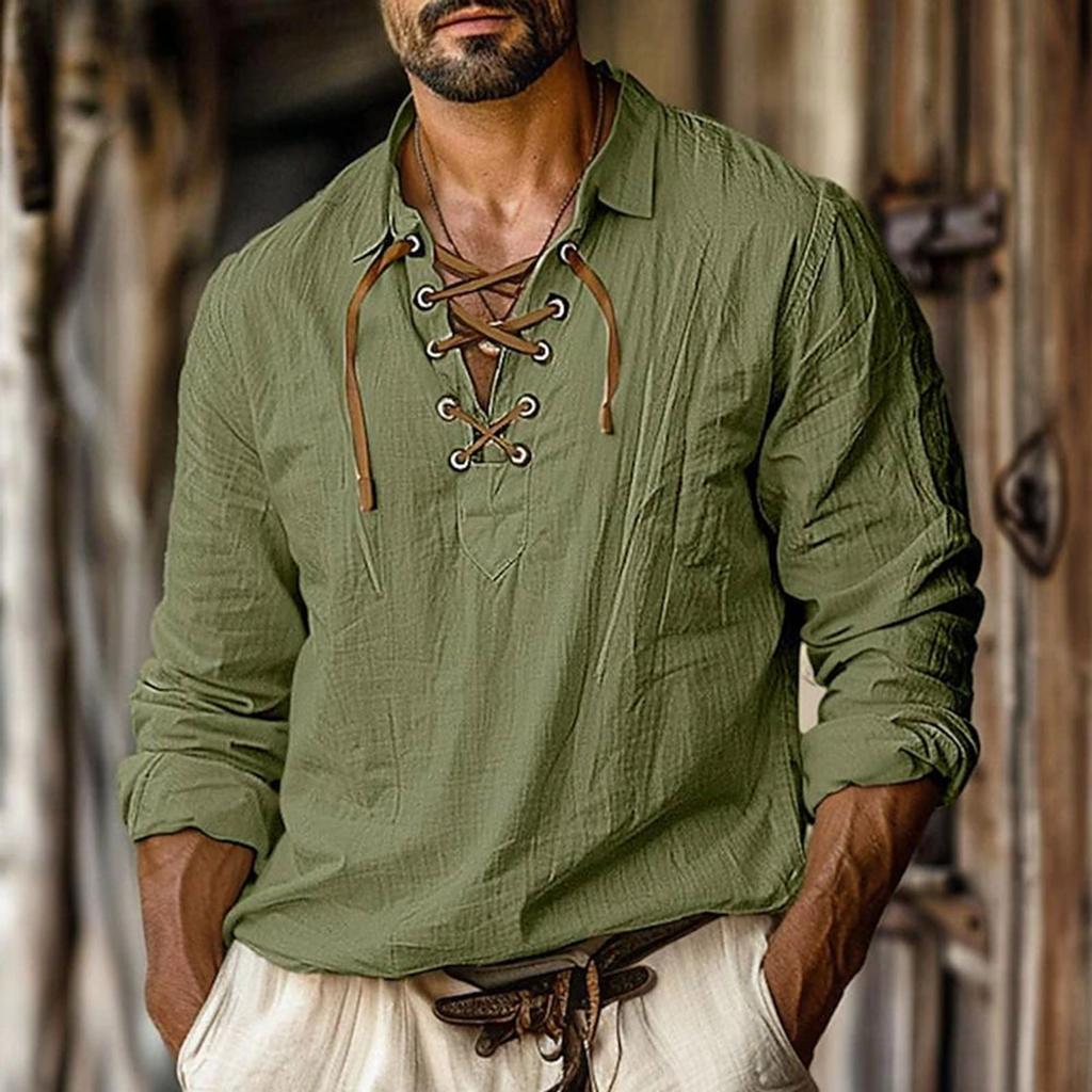 Мужская льняная рубашка большого размера с завязками для дома, повседневная модная рубашка с v-образным вырезом и длинными рукавами