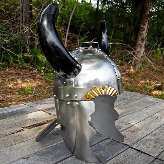 Viking Leader Horned Helmet - Medieval 18 Gauge Steel Unlined Fictional Prop Helmet W/ Real Buffalo Horns