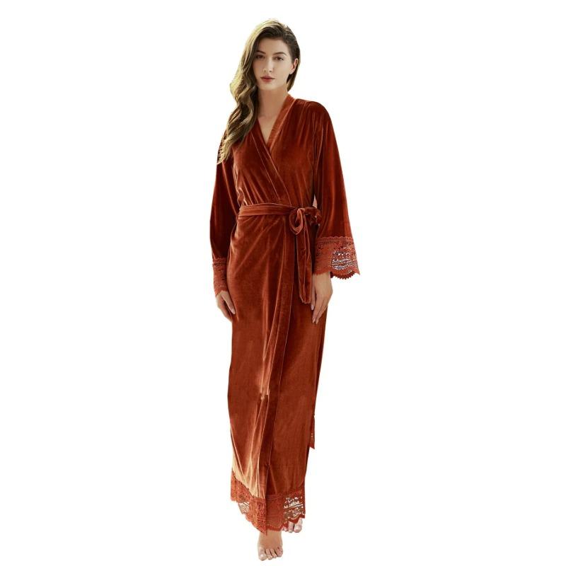 Long Velvet Robes with Lace Robe Women Bride Bridesmaid Kimono Bathrobe Party Soft Lady Wedding Homewear Warm Velvet Robe Gown
