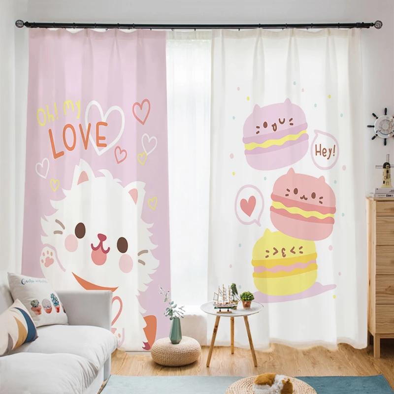Детская спальня для девочек, высокие шторы с затемнением, розовые, в стиле принцессы, с рисунком из мультфильмов, милые, забавные, с рисунком животных, шторы, жалюзи, окна, новые, милые